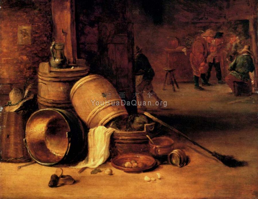 An Interior Scene With Pots Barrels Baskets Onions And Cabbages - 小大卫·特尼尔斯